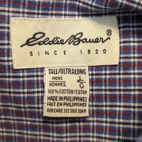 Eddie Bauer Cotton Blue Red PlaidButton Down Collar Long Sleeve Shirt. Men's LT - Picture 3 of 6
